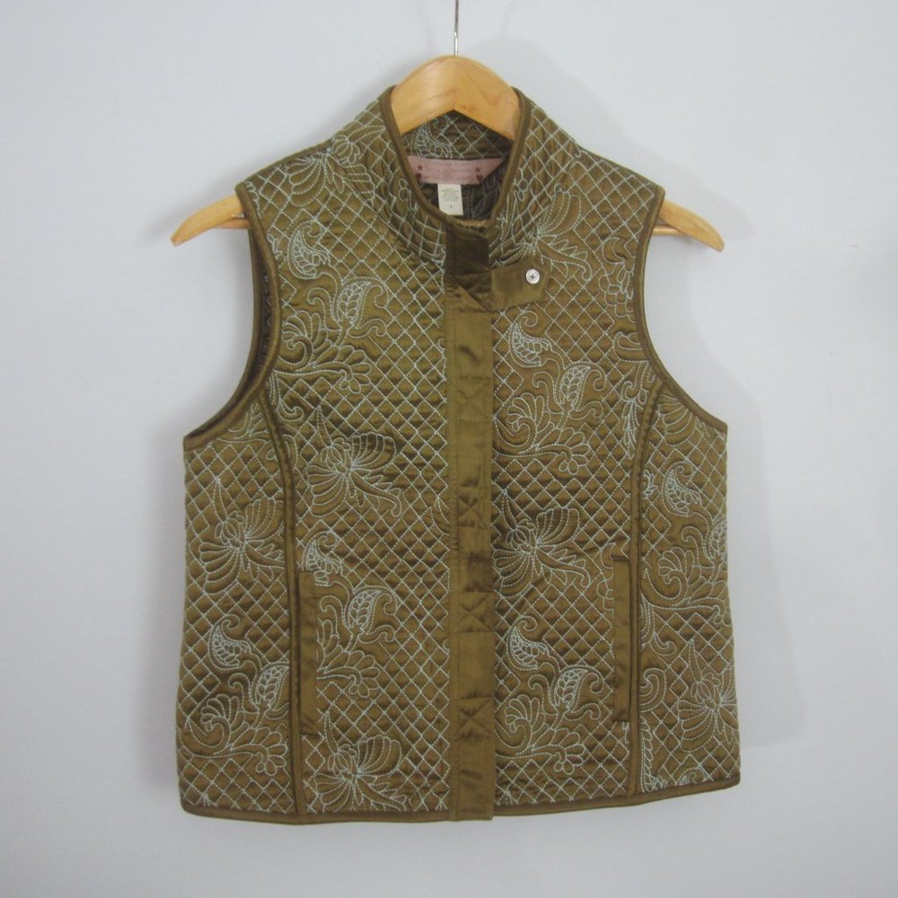 Jacalyn Bennett Womens S Olive Green Silk Paisley Embroidered Quilted Zip Vest